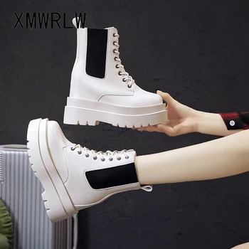 

XMWRLW PU Leather Boots Women Autumn Shoes High Heels Women Platform Ankle Boots 2020 Autumn Casual Lace up Ladies Ankle Boot