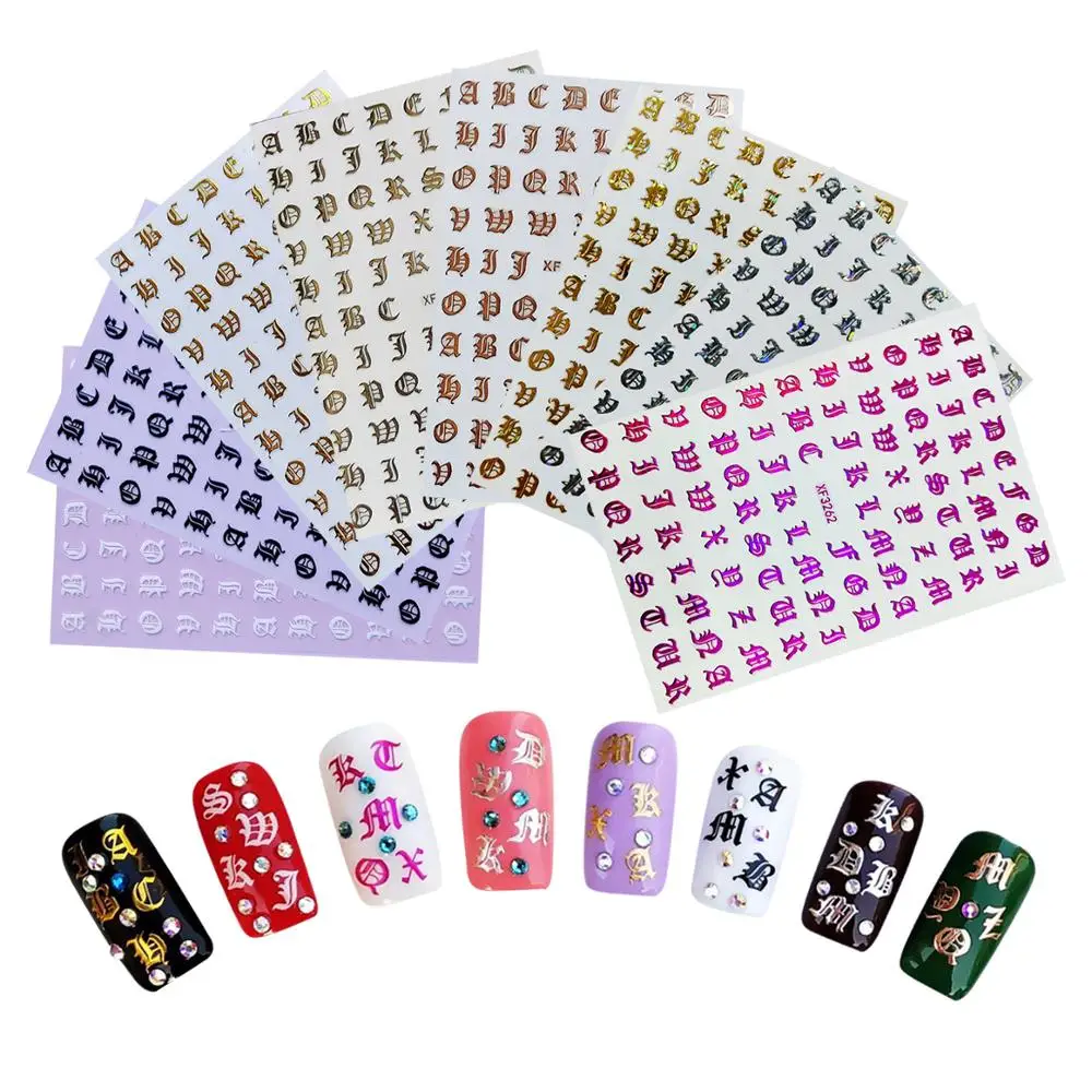 ENDRRFLL 1pc Retro English alphabet eight color shiny nail stickers