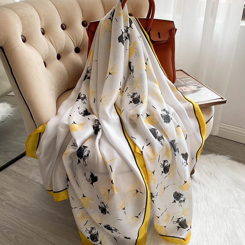 2024 Summer Women 180X90CM Silk Scarf Beach Hijab Shawls And Wraps Luxury Parrot Print Female Foulard Echarpe Designer Bandana 4