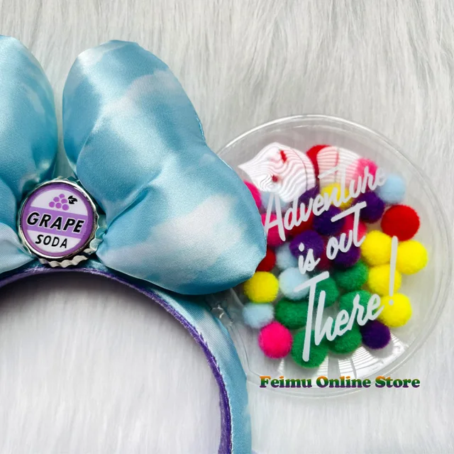 New Disney UP Air Cushion Headband Mickey Ears Disneyland Cartoon Blue Sky “GRAPE SODA” Badge Plush Headwear Decoration Gift 6