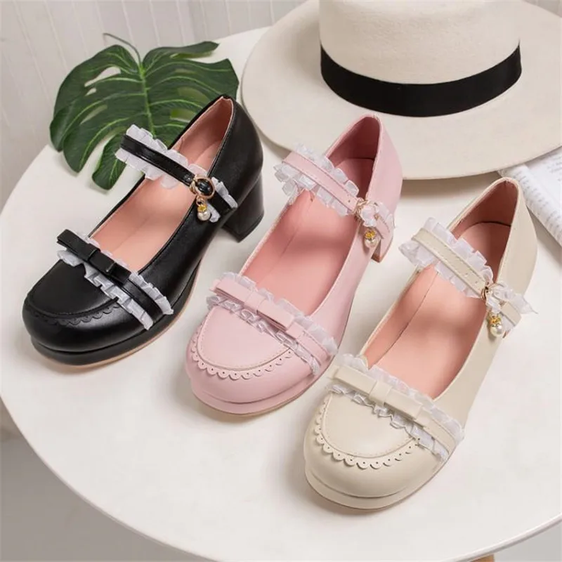 2020 Spring New Sweet Bow Women Pumps Lolita Shoes Fashion Lace Thick 5cm High Heel Buckle Strap Shoe Pumps Woman Big Size 30-46 (17)