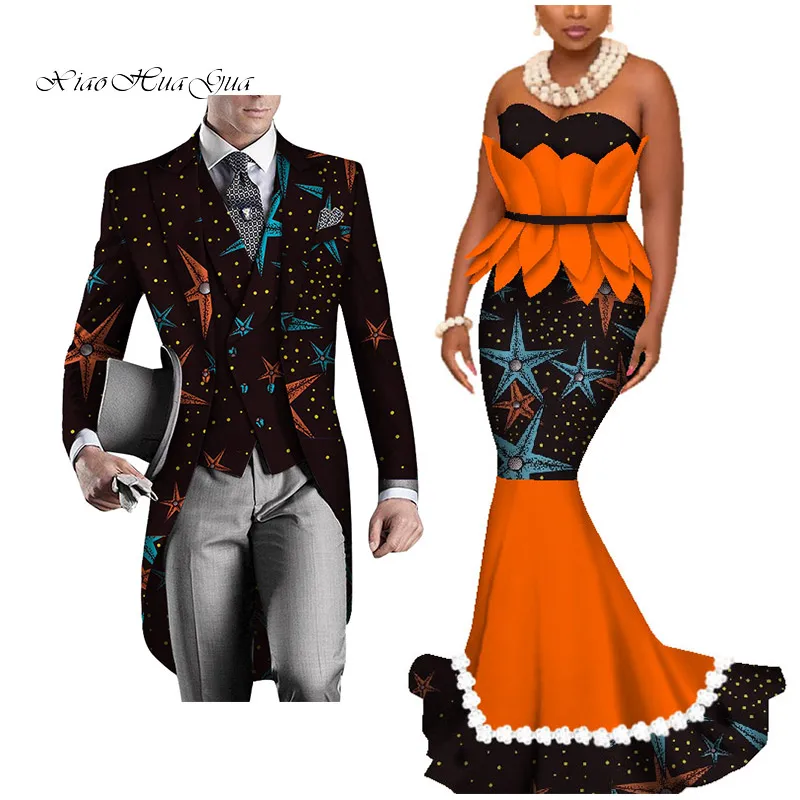 Dashiki African Couple Clothing Women's Dress+Men's Blazer&Vest 3 Pieces Set African Mermaid Print Dresses for Couples WYQ425 - Цвет: 10