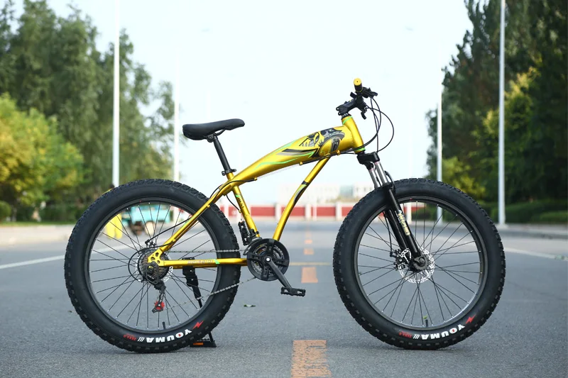 26 inch gold 26-дюймовый снеговой пляж с толстыми покрышками для горного велосипеда 7/21/24/27 скорость рама из углеродистой стали двойной дисковый тормоз для взрослых на открытом воздухе для велотренажера - Color: 26 inch gold