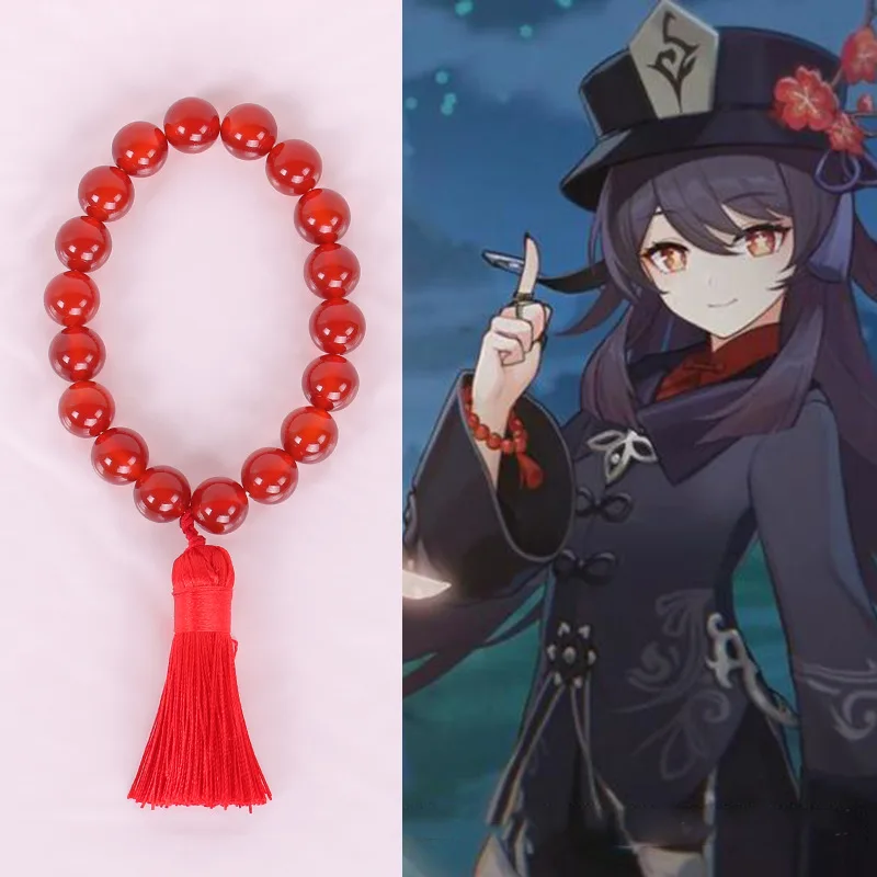 

Game Genshin Impact Hu Tao Bracelet with Red Agate Beads Tassels Bangle Hu Tao Cosplay Props 2 Sizes