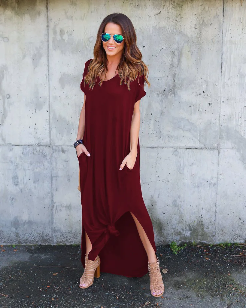 women's casual loose pocket long dress short sleeve split maxi dresses