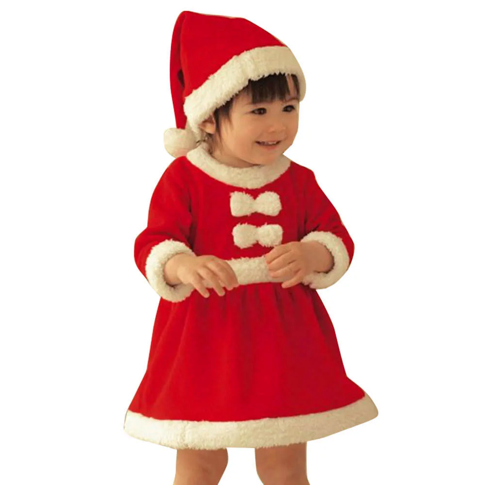 Детский Рождественский праздничный костюм с бантом для маленьких девочек праздничное платье+ шляпа комплект с красным хлопковым платьем#2 - Цвет: Красный