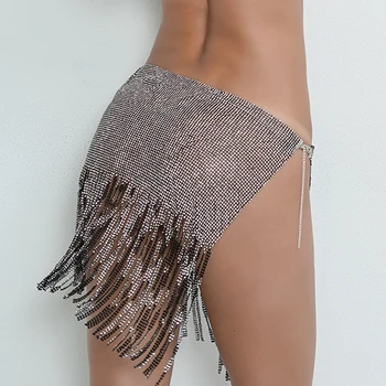 

2019 sexy rhinestone tassel dance skirts women metal chain Shining diamond mini nightclub birthday party Club skirt