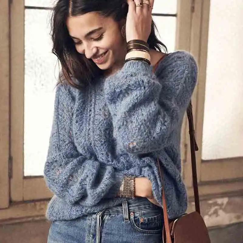 GypsyLady шерсть мохер смесь пышные рукава простые пуловеры свитера для женщин 2019