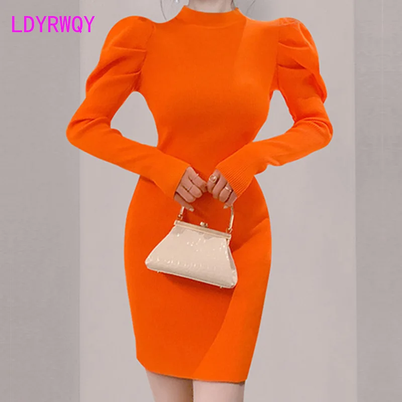 

Women's 2020 autumn new Korean version temperament round collar elastic knitted bag hip bottom dress