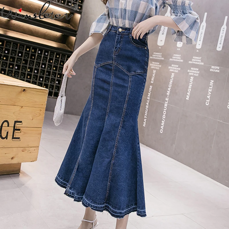 Summer 2022 Denim Skirt Women Mermaid Trumpet Ruffles Mid calf Empire