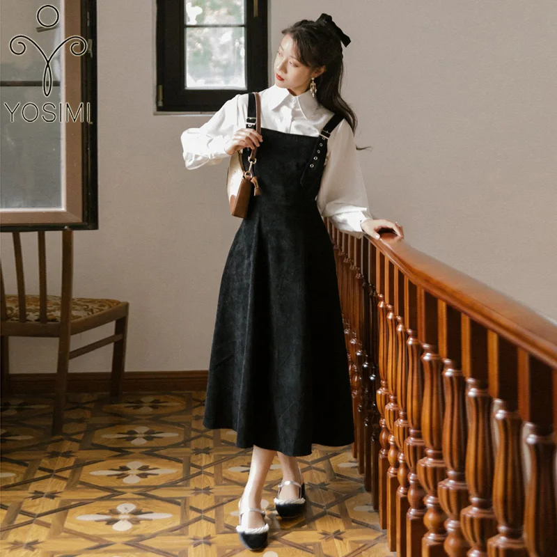 

YOSIMI Two Piece Set Women 2020 Autumn Winter White Full Sleeve Shirt Top and Corduroy Black Midi Strap Dress Two-piece Outfits