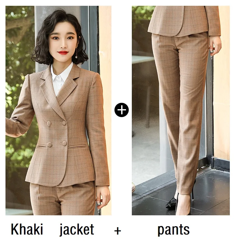 Khaki jacket pants Женские костюмы, тонкая Осенняя клетчатая куртка, брюки, комплект из 2 предметов, Деловые женские брючные костюмы, женские костюмы, 8167 - Цвет: Khaki jacket pants