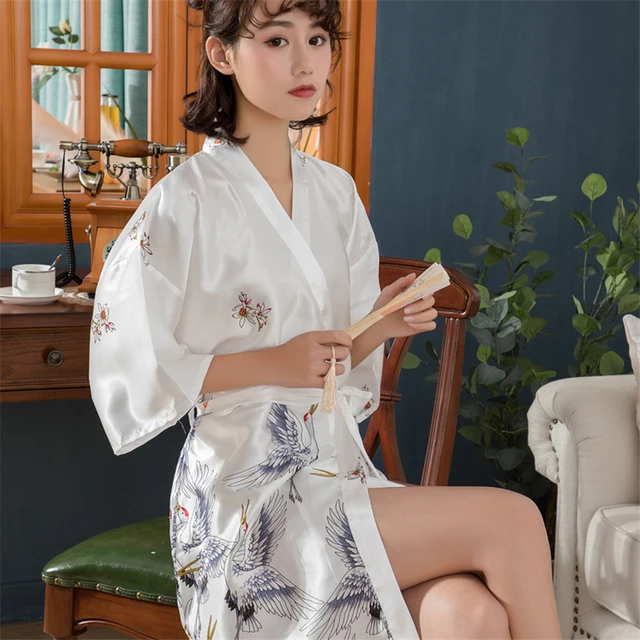Women Flower Print Robe Gown Spring Summer New Kimono Bathrobe Sexy V-Neck  Nightgown Satin Home Dress Autumn Casual Sleepwear - AliExpress