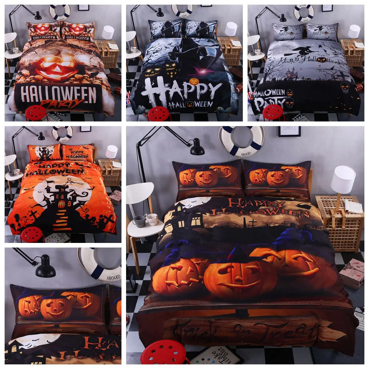 

5 Types 1.2m/1.5m/2m/2.2m 4Pcs Halloween Theme Pumpkin Duvet Cover Set Soft Polyester Cotton Sheets Pillow Case Bedding Quilt