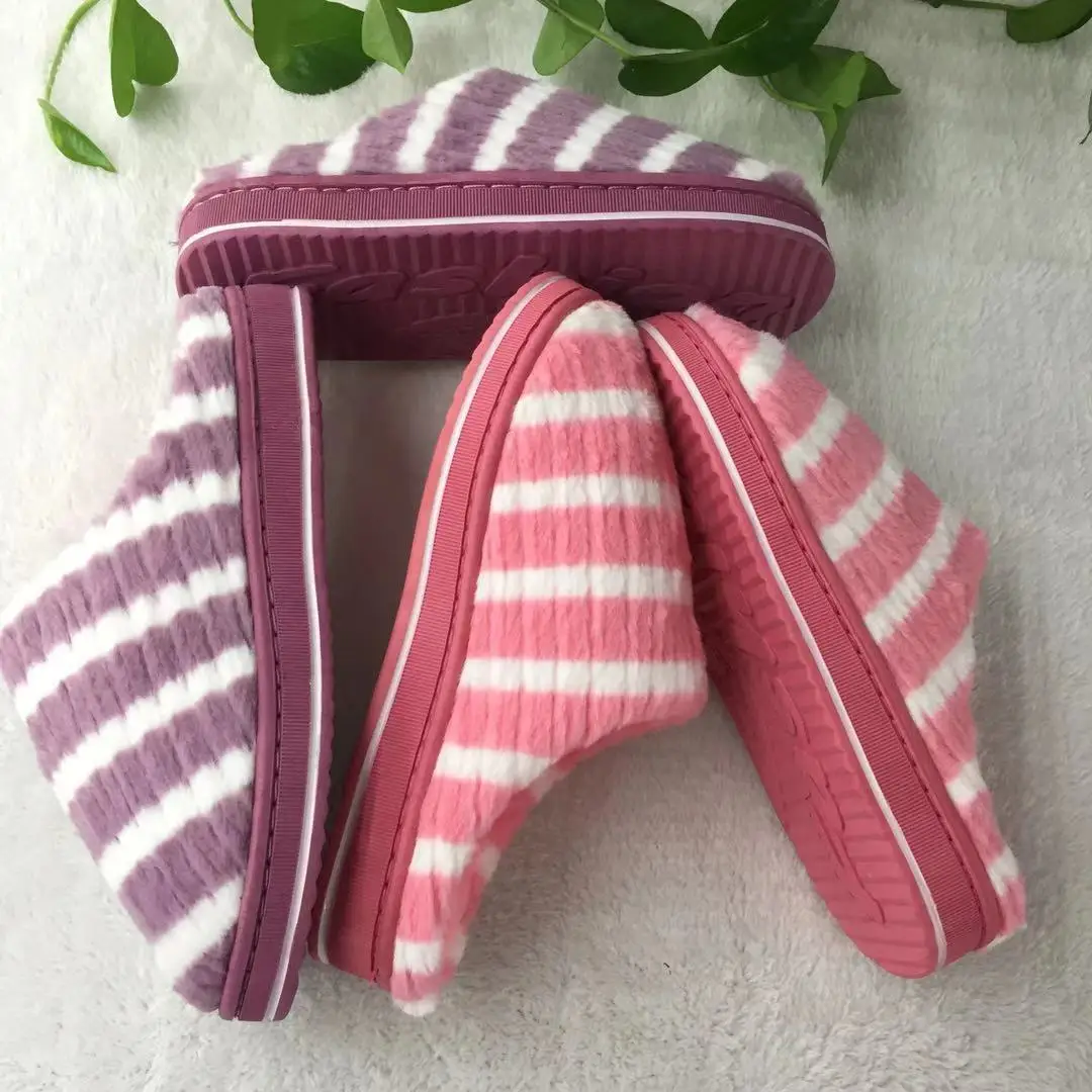 

2019 New Style Winter Rabbit Fur CHILDREN'S Shoes Winter Household Stripe Cotton Slippers Home Men And Women Couples Cotton Slip