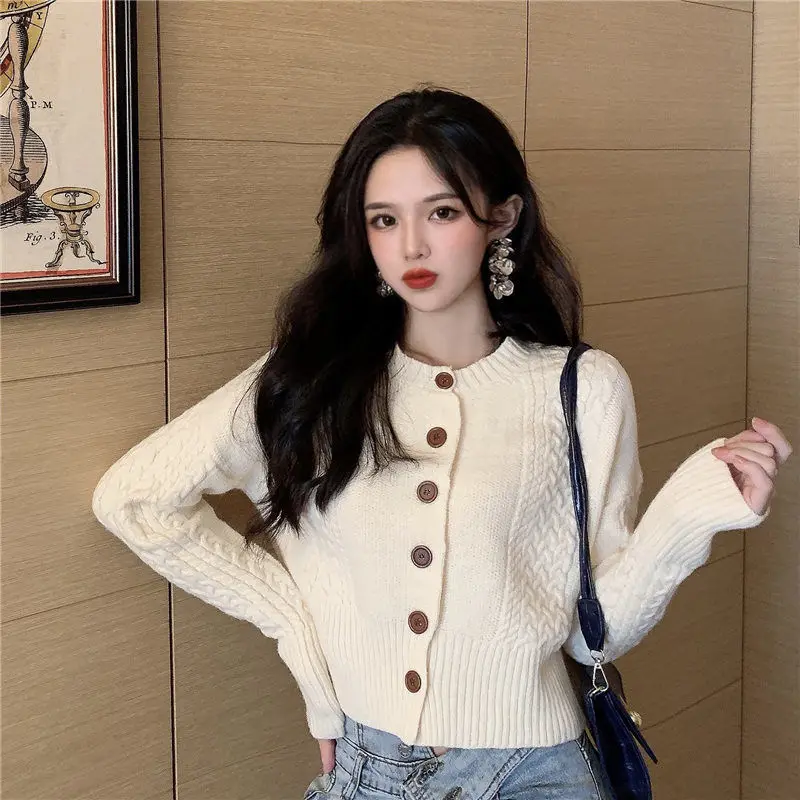여성 스웨터 가디건, 가을과 겨울 스웨터 코트, 여성 가디건, 긴 소매 라운드 넥 싱글 단추 짧은 상의