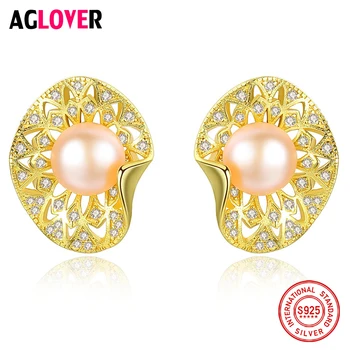 

AGLOVER New Earrings Genuine Natural Freshwater Pearl 100% 925 Silver Zircon Gilt Hollow Stud Earrings Pearl Jewelry Women Gift