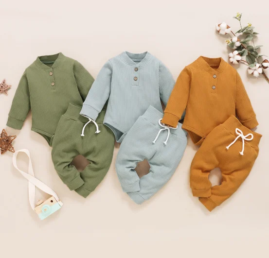 

Infant Newborn Baby Girls Boys Spring Autumn Ribbed Solid Clothes Sets Long Sleeve Bodysuits + Elastic Pants 2PCs Solid Outfits