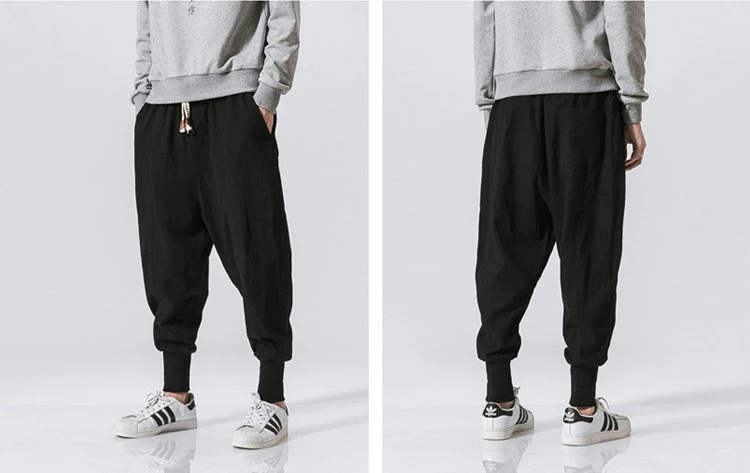 Hip Hop Cotton Harem Pants Men Solid Elastic Waist Streetwear Joggers New Baggy Drop-crotch Pants Casual Trousers Men