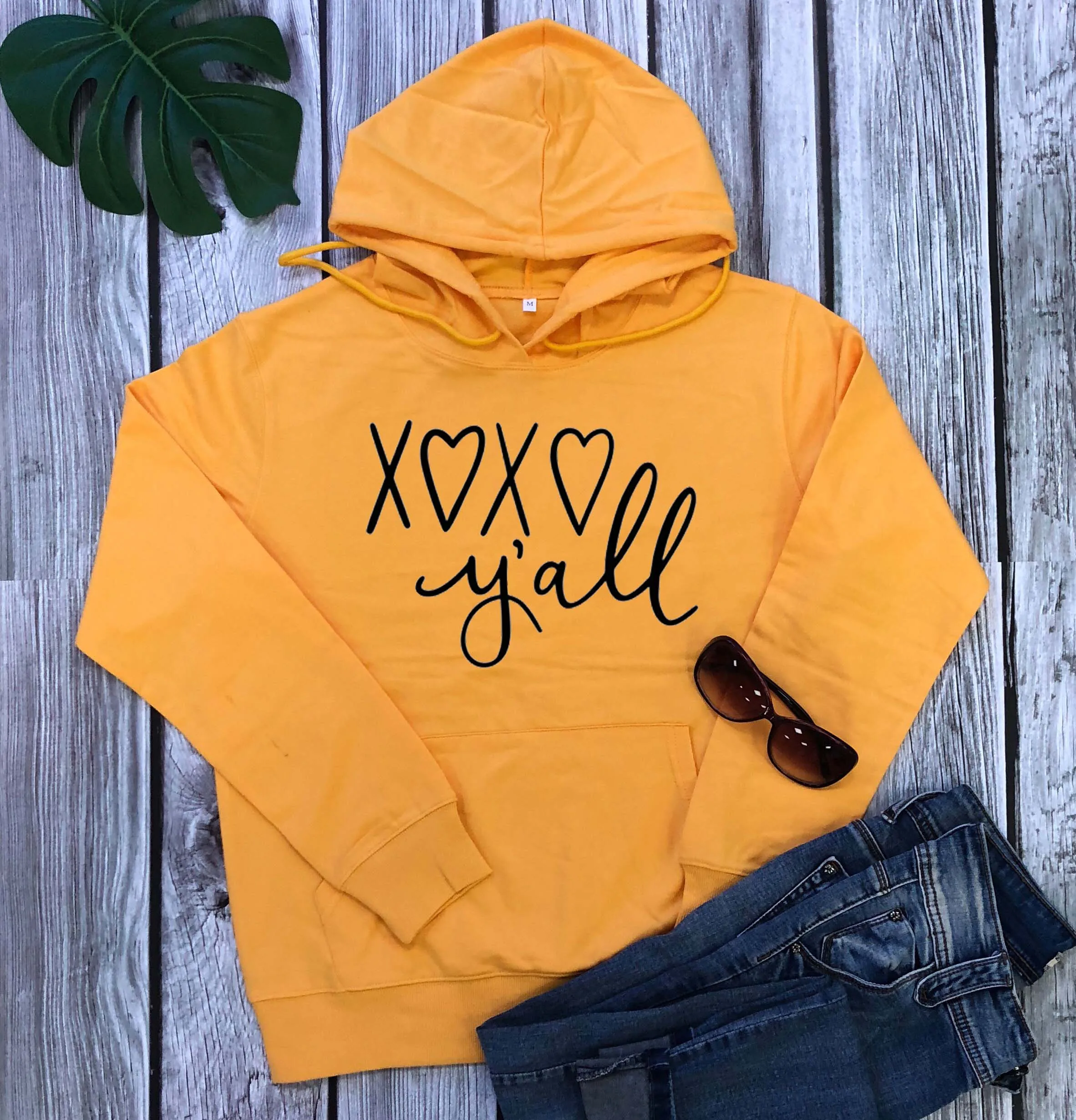 Yellow-black txt XOXO Y'all/Повседневные пуловеры из чистого хлопка на День Святого Валентина; качественные толстовки с капюшоном для молодых хипстеров; винтажные пуловеры с графическим принтом; повседневные топы с цитатами - Цвет: Yellow-black txt