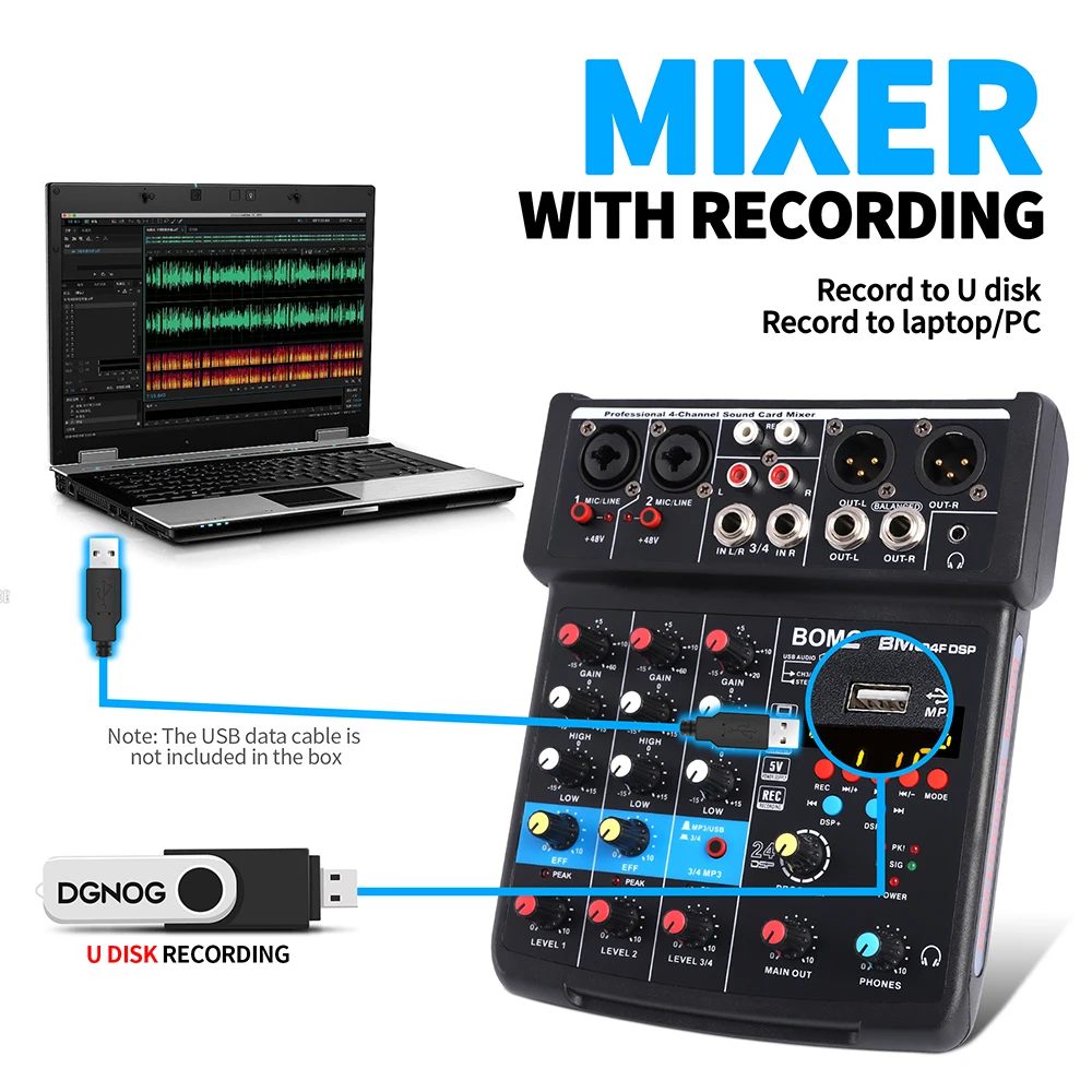 4ch Sound Mixer DJ Mixing Console With 24 Echo DSP Bluetooth 48V Phantom Power Monitor Karaoke System 5V USB Mixer Audio, audio mixer