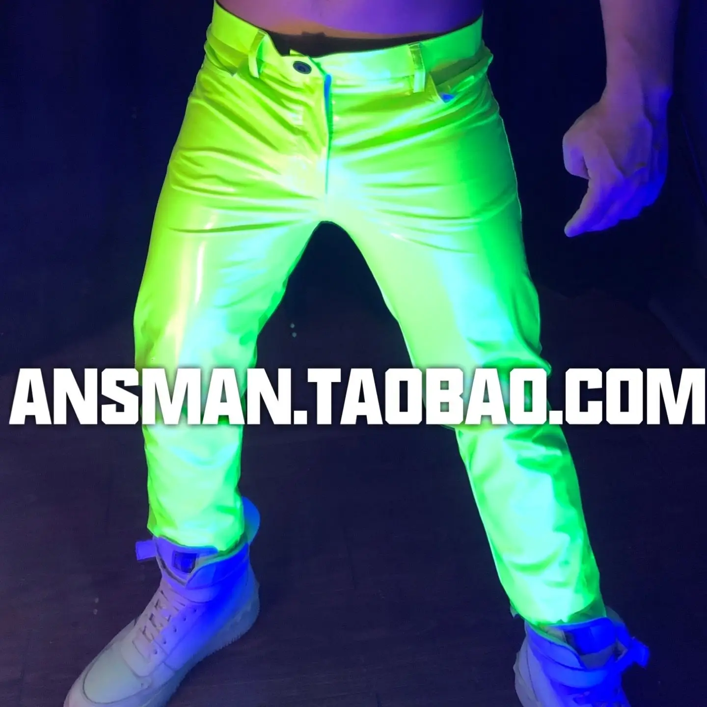 Description Picture 5 of itemNew Men Long Pants Fluorescent Green Stretch Slim Patent Leather Jogging Pants Bar Nightclub Mlae Female Singer Stage Costume