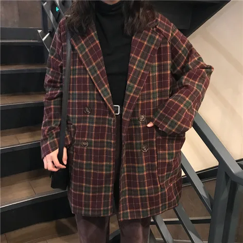 Пальто Женская Корейская свободная Клетчатая Шерстяная куртка для женщин среднего и длинного стиля с широким набором тонких шерстяных курток весной - Цвет: grid