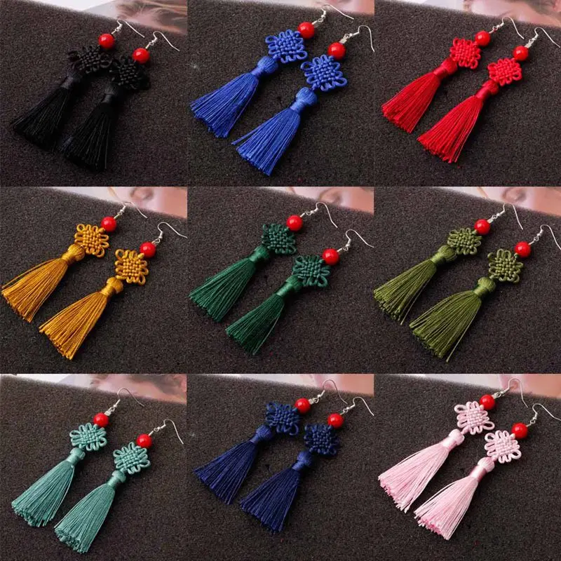 Новые разноцветные плетеные китайские серьги с кисточками и узлом для женщин, ручная работа, удача, мир, длинные висячие серьги с бахромой