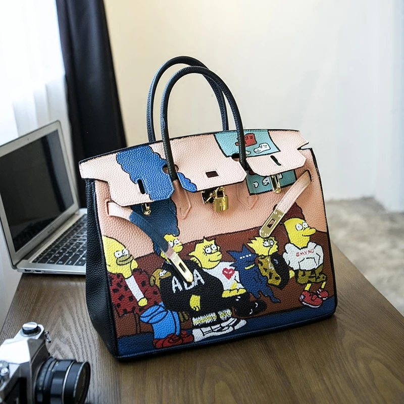 

High Quality Personality Hand Doodle Women Pu Leather Bolsa Take The Hand Promote Woman Package Litchi Grain Bag