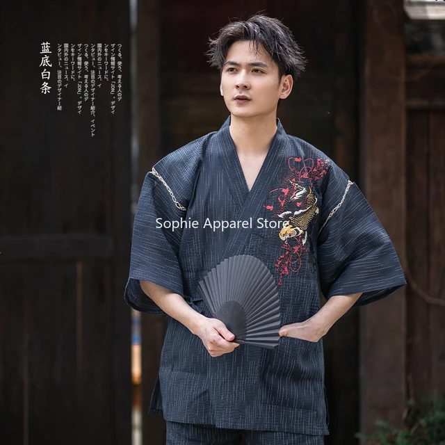 Summer Kimono Jinbei Traditional Pajamas Sets Japanese Pattern Haori Yukata  Samurai Tops and Pants Male Lounge Dressing Gown - AliExpress