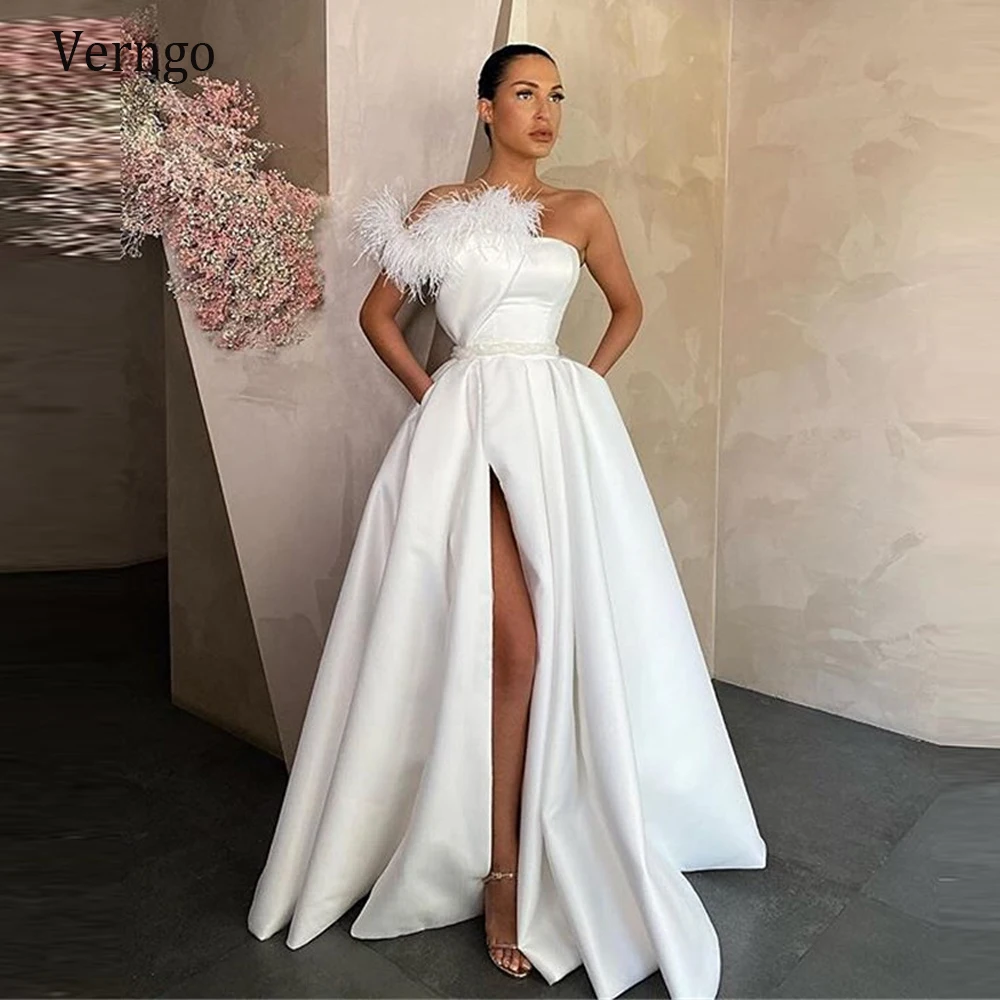 

Verngo 2021 Elegant White Satin Evening Dress Long Red Black Prom Gowns With Pockets Feather Side Slit Formal Party Dress