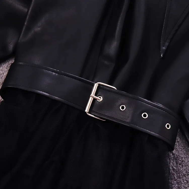 Ladies temperament PU leather stand collar lantern sleeves waist stitching mesh long windbreaker female autumn new