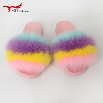 

2020 Brand Luxury Shoes ladies Women Real Fox Fur Slides Cute Plush Fox Fur Slippers Pink Sole Home Sandals Size 36-45