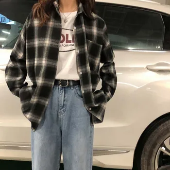 

Retro Plaid Korean Black And White Long Sleeve Versatile Shirt Girl Spring And Autumn Loose Red Hong Kong Flavor Coat Student Sh