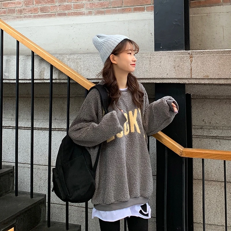 Поддельные двухсекционные Ulzzang из овечьей шерсти женские зимние новые корейские ins Harajuku винтажные свободные шикарные повседневные женские толстовки с надписью Lucky