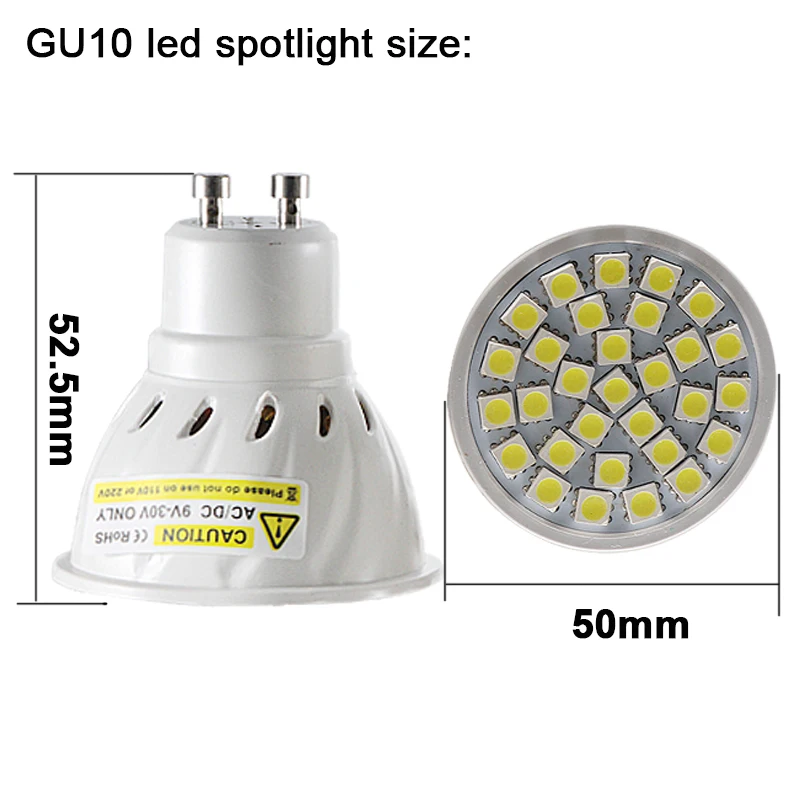 2 шт. gu 10 Светодиодный прожектор 4 Вт Ac Dc 12 В 24 В лампа smd 5050 30 светодиодов Gu10 Низкая напряжение супер комнатная потолочная лампа 180 градусов лампы