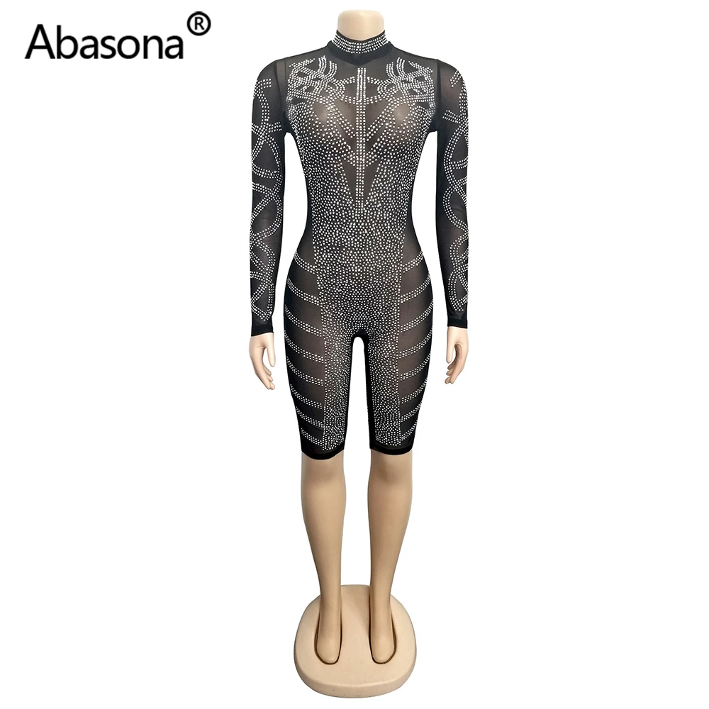 Abasona, осень, для женщин, зима, длинный рукав, бриллианты, стразы, Ретро стиль, сексуальный, бодикон, прозрачная сетка, обтягивающие, вечерние, для ночного клуба, комбинезоны