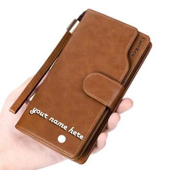 

Men Long Wallet Large Capacity Card Holder Purse High Quality Oil Wax Leather Male Purse Brand Luxury Design Custom Name Clutch