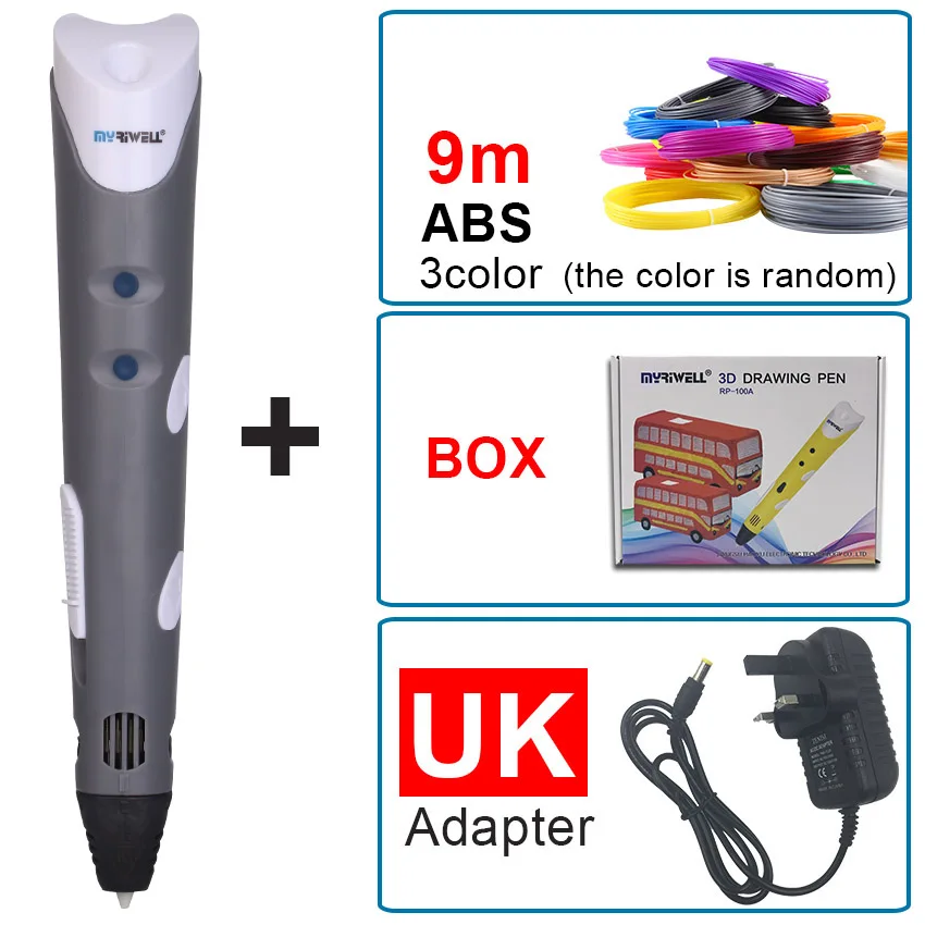 Grey UK Myriwell новая волшебная 3D Ручка для рисования 3D Ручка для печати с 1,75 мм ABS/PLA нитями для детей подарок на день рождения - Цвет: Grey UK