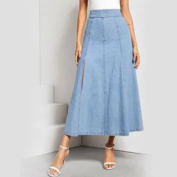 

Summer Fashion Elegant Denim Split Skirt Women Casual Retro Light Blue Sweet Vintage Long skirt
