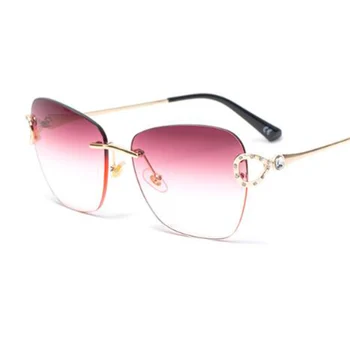 

2020 Rimless Sunglasses Women Luxury Brand Rhinestone Sun Glasses Pink Lens Gradient Square Elegant Shades for Women UV400