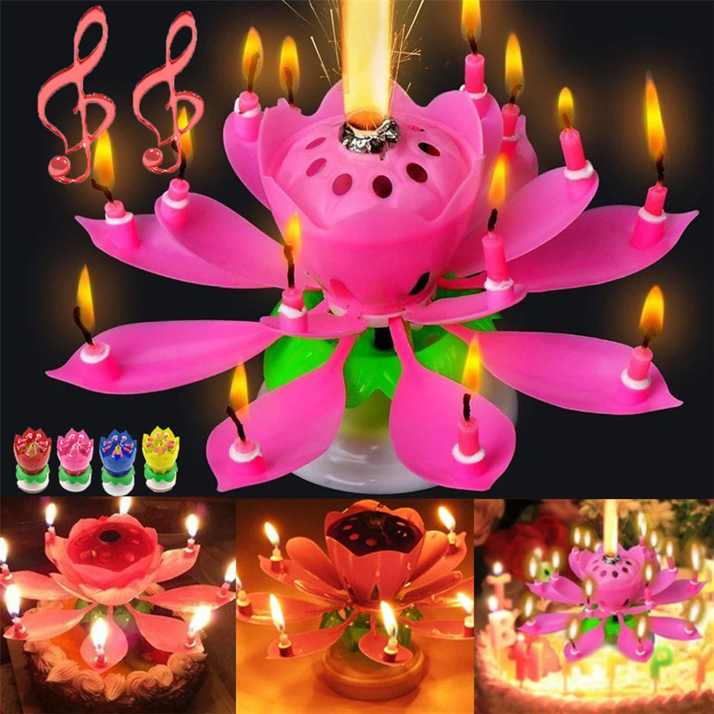 Magic Cake Birthday Lotus-Flower Candle Decoration Blossom Musical Rotating Gift 
