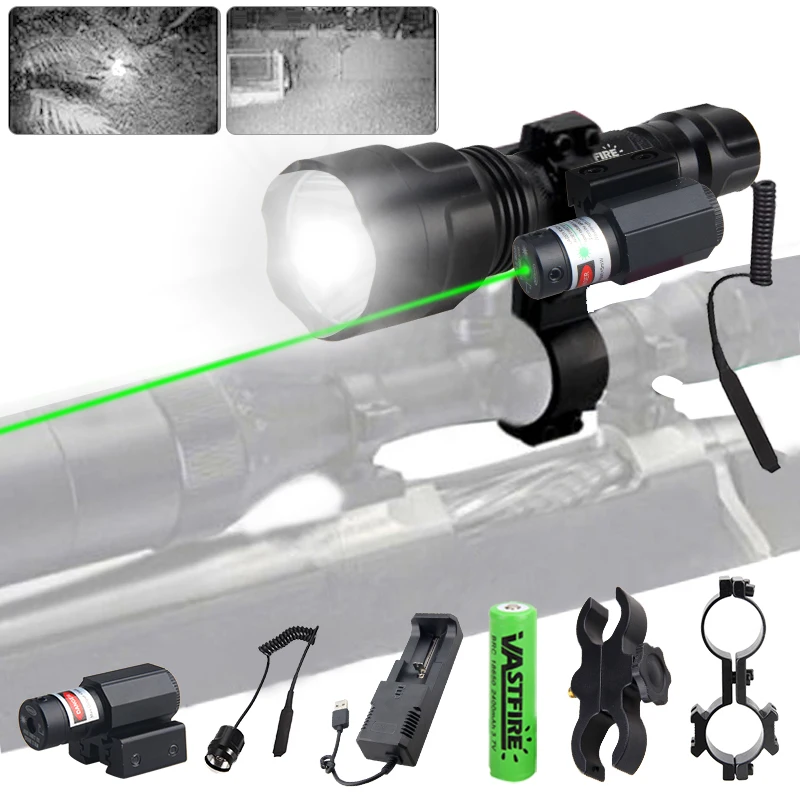 

C8 200 Yard LED Hunting Flashlight Tactical Weapon Light+Green/Red Laser Dot Sight+Switch+2*20mm Rail Barrel Mount+18650+Charger
