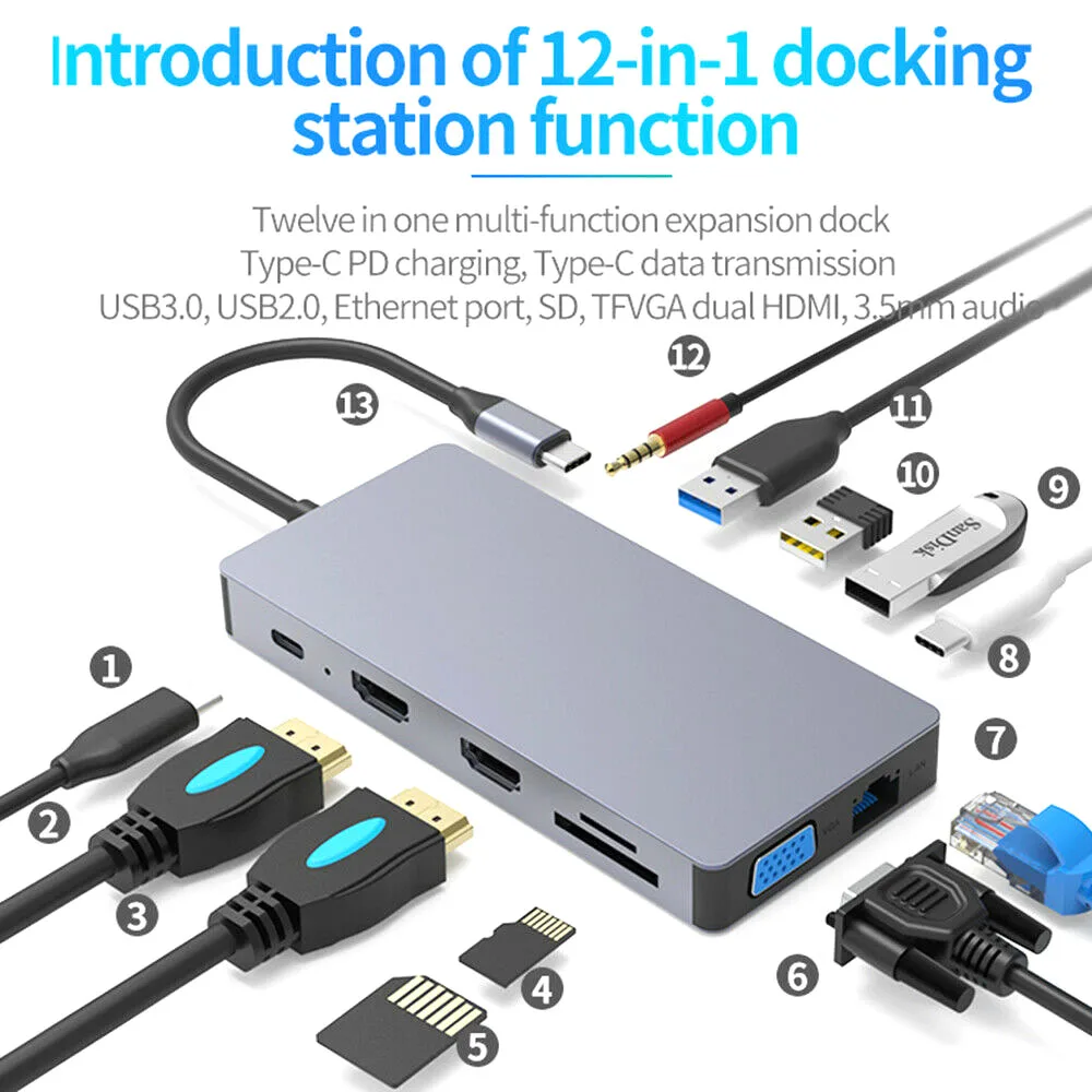 Tebe Док-станция 12 в 1 Type-c USB-C - адаптер концентратора Dual HD HDMI / VGA RJ45 SD TF с 2-портовым