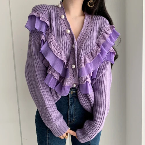 purple Neploe, жемчужные пуговицы, Свободная трикотажная куртка,, весенний свитер, кардиганы, кружева, оборки, пэчворк, женское элегантное вязаное пальто, 57289 - Цвет: purple