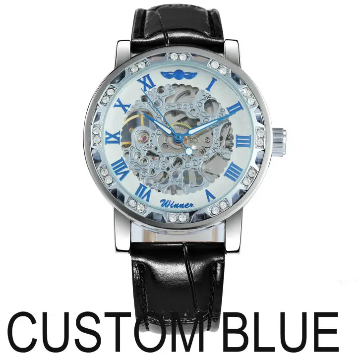 Модные часы со скелетом, бриллиантовые часы для женщин, дизайн Iced Out, ремешок из натуральной кожи, элегантные роскошные механические Женские часы - Цвет: BLUE
