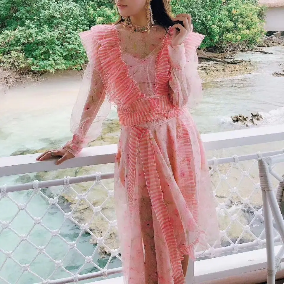 

Holiday Vacation Ruffles Woman Two Piece Set Deep V-Neck Perspective Tops Mesh Patchwork Skirts 2 Piece Outfits for Women
