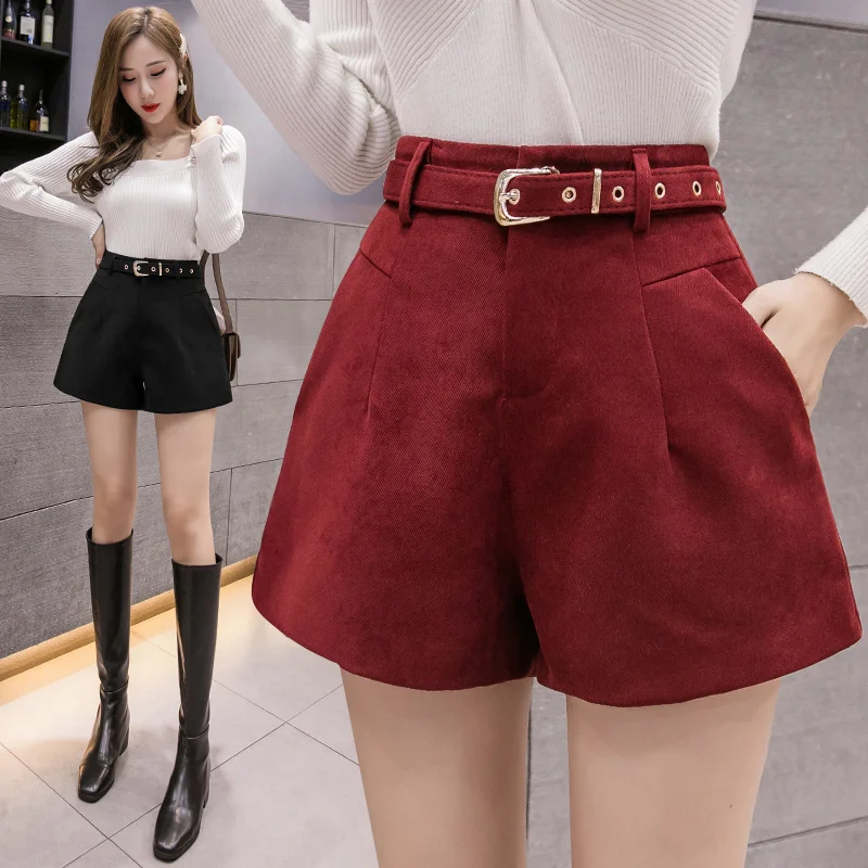 Осенне-зимние шорты с высокой талией для женщин, шикарные офисные женские шерстяные свободные шорты, корейские узкие сапоги с высокой талией и поясом, женские короткие штаны