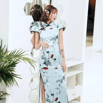 

Long Elegant Lady Blue Print Evening Party Dress Vintage Mandarin Collar Cheongsam Oversize 4XL Vestidso Sexy High Split Qipao