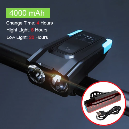 4000 blue taillight Умный велосипедный светильник, перезаряжаемый через USB, светодиодный велосипедный передний фонарь, настоящий, 800 люмен, задний светильник, набор с колокольчиком, 120 дБ, водонепроницаемый, T6, головной светильник - Цвет: 4000 blue taillight